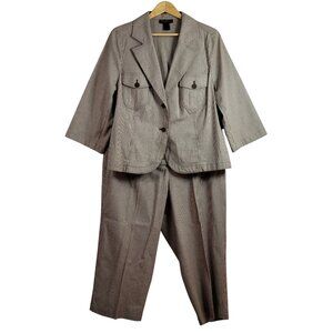 Ashley Stewart 2 Piece Pant Suit Brown SZ 16 Striped Button Jacket Cropped Pants
